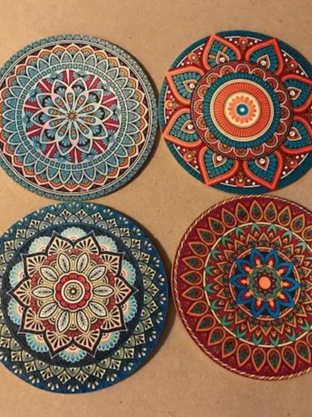 Wooden 4 pc Mixed Mandala Coaster Set Lotus Geometric Pattern India 110